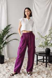 Women's Purple Linen Cargo <b>Pants</b> High Waist Elastic Loose Fit Ankle Length Solid Color Casual <b>Summer</b> Style - Product Image 2