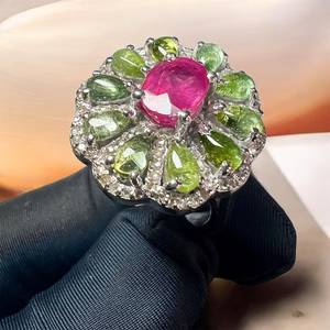 Flower Shape Ruby Cocktail <b>Ring</b> with <b>Green</b> Gemstones Prong Setting Rhodium Plated Minimalist 925 Silver Women's Luxury Jewelry - Product Image 2