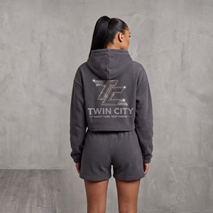 <b>Twin</b> City Women's Fleece Hoodie Shorts <b>Set</b> Glitter Print Rhinestone Casual Two Piece Outfit Regular Fit All Seasons - Product Image 1