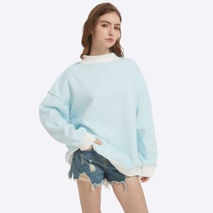 Women's Winter Light Blue Oversized Mock Neck Sweatshirt Contrast White Collar Cuffs Premium Textured Fleece Long Sleeve Front - Product Image 3