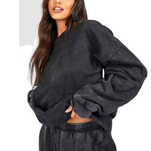 Traje de mujer de lavado ácido de alta calidad, ropa de calle personalizada con estampado de talla grande, dobladillo recortado para hombre, Conjunto de sudadera con capucha y pantalones de chándal 2026 - Product Image 5