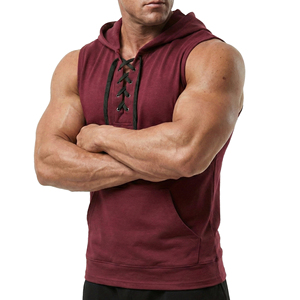 Camiseta sin mangas con logo personalizado para hombre, chaleco de entrenamiento con cordones frontales, ropa de algodón y felpa, camisetas con bolsillo canguro. - Product Image 5