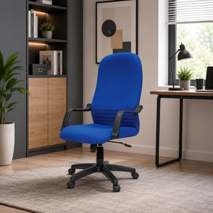 Chaise de bureau moderne en tissu bleu avec accoudoirs fixes et base pivotante pour usage domestique ou professionnel - Product Image 1