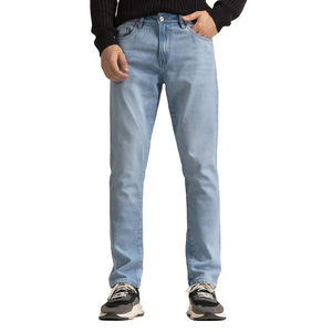กางเกงยีนส์เดนิมทรงสลิมฟิตสำหรับผู้ชาย ดีไซน์ซิปหลายกระเป๋า สไตล์สตรีทแวร์ สีฟ้าอ่อน ลุคสบายๆ แบบ Stonewashed - Product Image 1