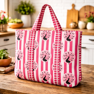 Sac fourre-tout en coton imprimé paon rayé rose, sac de courses réutilisable de grande capacité, sac à main à bandoulière écologique pour femmes - Product Image 1