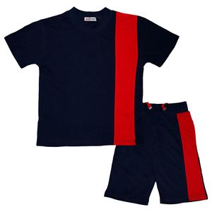 Conjunto Deportivo de Cuello Redondo OEM al por Mayor, Traje Deportivo de 2 Piezas con Paneles en Contraste Azul Marino y Rojo - Traje Atlético de Verano - Product Image 2