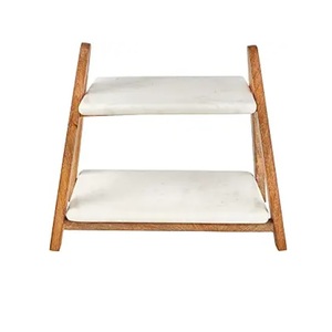 Support à gâteau rectangulaire en marbre blanc de haute qualité avec support à gâteau à 2 étages en bois massif pour les dîners, les mariages, les anniversaires - Product Image 1