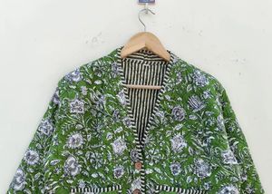 Handmade Cotton Quilted <b>Jacket</b>: V-Neck Floral Indian Coat Reversible Lightweight Coat - Product Image 2