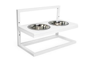 Comedero Doble Elevado de Acero Inoxidable para Perros y Gatos con Soporte de Tubo Metálico y Plato Superior de Madera - Product Image 4