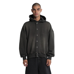 Sudadera con capucha para hombre, estilo vintage, con botones a presión, forro polar, puños acanalados, lavado desgastado, estilo urbano, venta al por mayor - Product Image 2