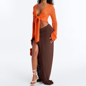 Cardigan court pour femme en tricot fin, couleur unie, orange, à manches lanternes au crochet, col bateau, avec lien à nouer sur le devant, style été - Product Image 5