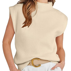Gilet sans manches en maille côtelée crème pour femme, col roulé, style minimaliste, automne, 100 % acrylique, coupe classique - Product Image 1