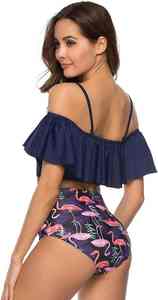 Traje de Baño con Textura Plisada y Dobladillo con Volantes Decorativos, Diseño Juvenil y Lindo, Material de Alta Elasticidad, Bikini para Mujer, Natación, Playa - Product Image 2