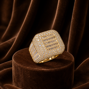 Baguette Cut Moissanite <b>Iced</b> Out <b>Ring</b> Round Shape Vermeil Yellow Gold Square Cluster Wedding Band for Men's - Product Image 1