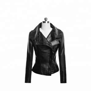 Veste de moto en cuir de vache pour femme, coupe-vent, manches longues, col rabattable, fermeture éclair, couleur unie, longueur normale, style hiver - Product Image 1