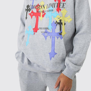Sweat-shirt à capuche gris pour homme avec imprimé croix coloré, coupe décontractée oversize, logo sur le devant, idéal pour l'automne - Product Image 6
