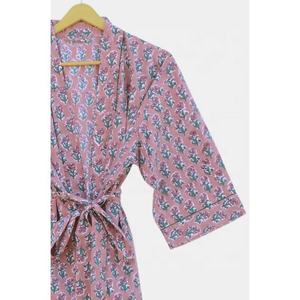 Bata Kimono de algodón de talla grande, Sexy, mangas transpirables, estampado de bloque de mano, ropa de dormir de verano, vestido de dama de honor para otoño, cómodo - Product Image 3