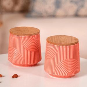 Ceramic Food <b>Storage</b> Container With Wooden Lid Nordic Design Airtight Cylinder Shape <b>For</b> <b>Kitchen</b> Use - Product Image 4