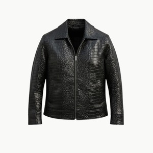 Veste de motard en cuir véritable de vache gaufré crocodile pour homme - Product Image 1
