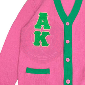 Cardigan personnalisé Alpha Sorority rose et vert pour femmes, en acrylique tricoté, col en V, broderie logo grec, style universitaire hiver - Product Image 4