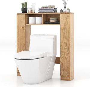 Étagère de toilette en teck multi-compartiments, rangement scandinave en bois pour les essuie-mains - Product Image 1