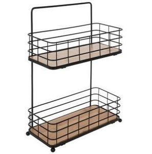 Étagère murale décorative noire en fil métallique à 2 niveaux avec plateau en fil métallique et base en bois, pour centre de table, support à épices et panier à pain - Product Image 2