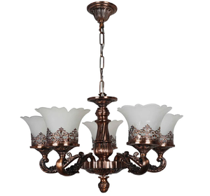 Lámpara de techo vintage de cobre con brazos ornamentados y pantallas de tulipán esmeriladas, disponible a precios de mayorista. - Product Image 1