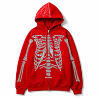 Sweat-shirt à capuche zippé KhunBro rouge avec imprimé cœur en strass, unisexe, décontracté, en polaire, respirant, anti-humidité et coupe-vent
