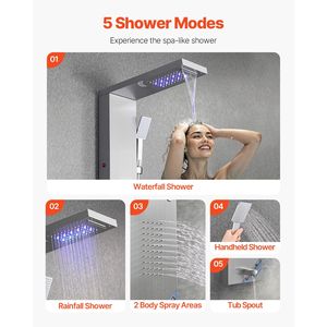 53 Brushed Stainless Steel <b>Shower</b> Column 5 Function Tower System Rainfall Waterfall <b>Shower</b> Head LED Fau-<b>Shower</b> Room <b>Accessories</b> - Product Image 4