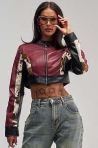 Chaqueta de moto de cuero de doble cara estampada para mujer, manga larga, cuello vuelto, forro de rayón color calabaza, cierre de cremallera, estilo motero negro - Product Image 2