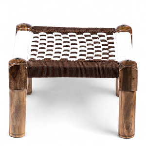 Tabouret Charpai en bois artisanal, petit siège tressé, ottoman indien traditionnel, repose-pieds, décoration rustique pour la maison, meubles en gros - Product Image 1