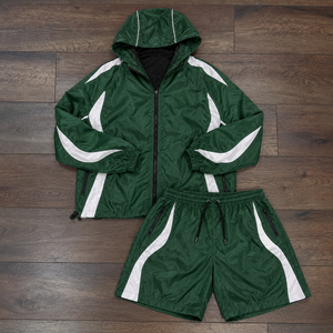 Ensemble court en nylon unisexe avec veste à capuche zippée et short à cordon de serrage – Vêtements streetwear deux pièces personnalisés pour l'été – Vente en gros - Product Image 1
