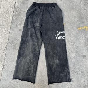 Circ Men's Black Sand Wash Sweatpants Elastic Waist Wide Leg Casual Joggers Heat Transfer Logo Right Leg Autumn Wear - Product Image 2