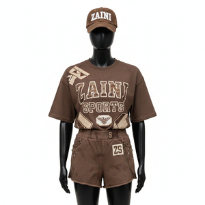 <b>Women</b> t shirt and booty <b>short</b> set premium cotton <b>jersey</b> 220 gsm tee 260 gsm fleece <b>short</b> custom screen print logo <b>Women's</b> Sets - Product Image 1