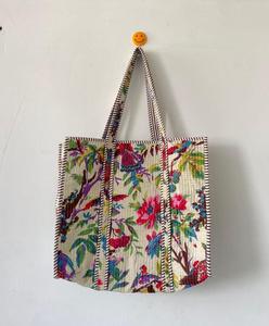Handmade <b>White</b> Floral Quilted Cotton Tote <b>Bag</b> with <b>Hand</b> Block print Bohemian Style Open Casual Shopping Tote <b>Bag</b> for Women - Product Image 4