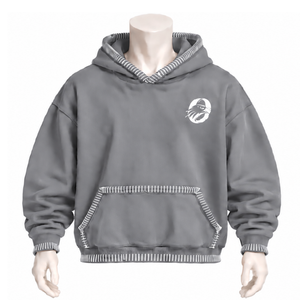 Gray Stitched Border Distressed Pullover <b>Hoodie</b> Heavyweight Sweatshirt Contrast <b>Stitch</b> Kangaroo Pocket Casual - Product Image 1