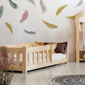 Cama de día de madera para niños, con rieles de Listón, individual, UK, 90x190cm, cama de suelo, Natural