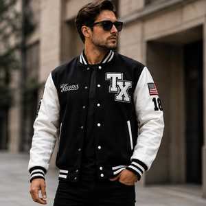 2026 เสื้อแจ็คเก็ตผู้ชายสีดำสีขาวแบบ Varsity Letterman ปักลายปักแบบกำหนดเอง แขนหนัง PU เสื้อแจ็คเก็ตเบสบอลทรงบอมเบอร์ สตรีทแวร์ - Product Image 1