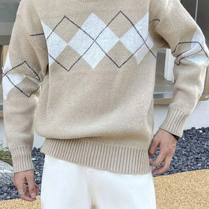 Geometric Pattern Argyle Pullovers Jumper Spring Autumn Loose O-Neck <b>Knitted</b> Sweaters Casual Plus Size <b>Men's</b> Sweaters - Product Image 1