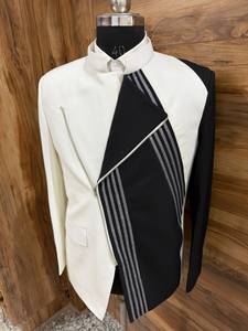 Ensemble de costume de mariage asymétrique brodé noir et blanc pour homme, pour le marié - Product Image 2