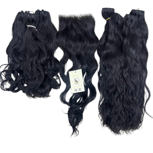 Extensiones de Cabello Humano Natural Ondulado Premium, Liso Natural Negro, con Mechones Pequeños en Cierres HD, Paquetes de Trama Cruda - Product Image 1