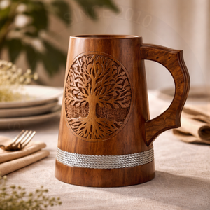 Chope à bière rustique en bois artisanal avec motif géométrique, autocollante pour le service et les cadeaux de Diwali et du Ramadan - Product Image 3