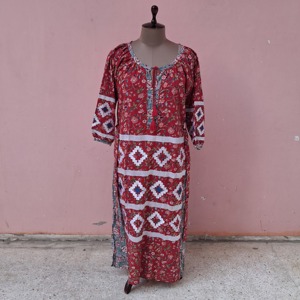 Robe longue élégante pour femme, tendance et très vendue, à manches longues, col en U, imprimé floral, broderie en coton, style décontracté vintage - Product Image 2