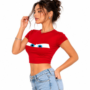 Top Corto Rojo de Manga Corta con Cuello Redondo, Estampado, Ajustado, Informal, Personalizado - Product Image 5