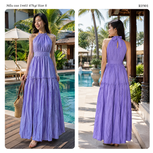**Women’s Textured Chiffon Backless Halter <b>Maxi</b> <b>Dress</b> with High Waist Relaxed Silhouette for Boho Vacation and Resort Wear ODM W - Product Image 2