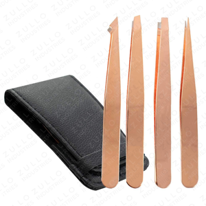 Juego de 4 Pinzas para Cejas de Acero Inoxidable Color Oro Rosa con Punta Inclinada, con Estuche de Cuero PU, Logotipo Personalizado, Herramienta de Belleza OEM - Product Image 5
