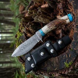 Couteau Bowie Viking artisanal en acier Damas, manche en corne, 10 pouces, pointe tombante |   Étui en cuir de qualité supérieure pour le camping et les cadeaux - Product Image 1