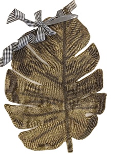 Mantel individual hecho a mano con cuentas, diseño de hoja tropical Monstera, 14 pulgadas, mantel individual dorado con cuentas - Product Image 3