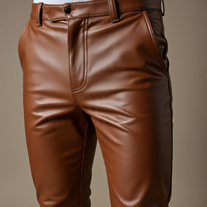 ARZINEN INDUSTRY Pantalon Moto Homme en Cuir Marron Doublé Polaire Hiver Coupe Droite avec Fermeture Éclair et Boutons Taille Mi-Haute - Product Image 5