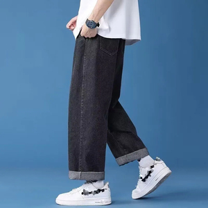 Men's Light Blue Washed Denim Wide Leg <b>Pants</b> Elastic Waist Drawstring Casual Style Cotton Material Breathable <b>Summer</b> Fashion - Product Image 2